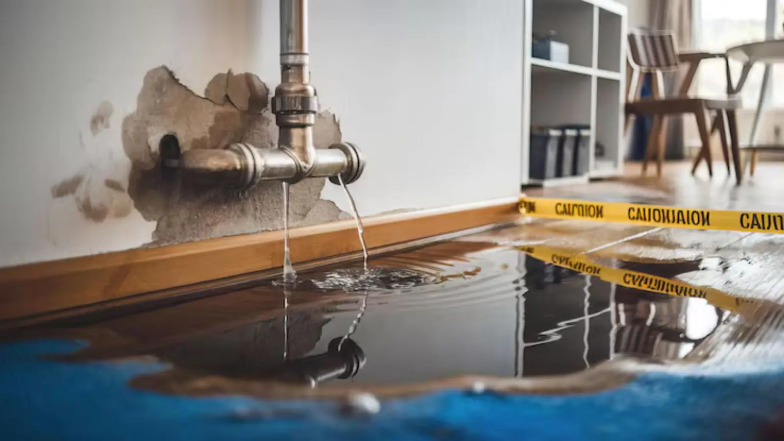 Pipe leaking along a baseboard with caution tape over the pooled water