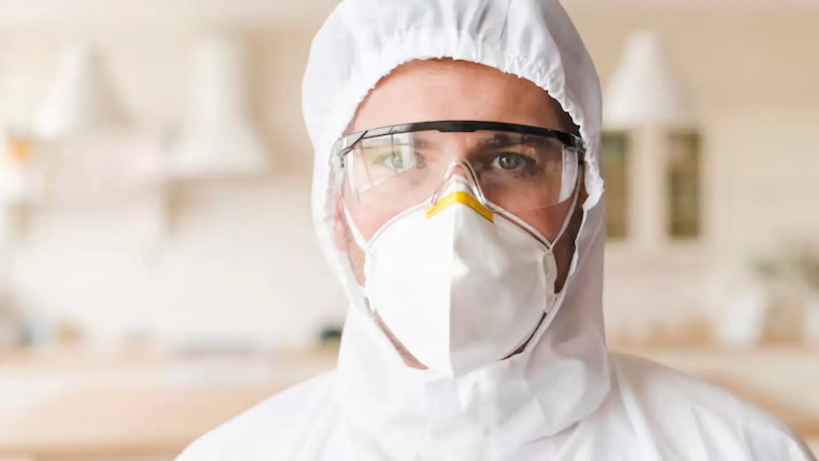 Worker in a white suit, goggles and respirator in a bright room