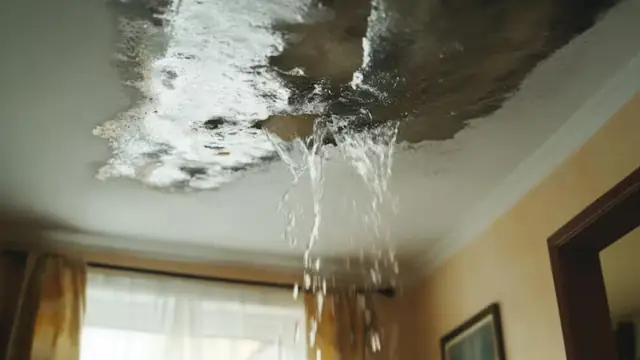 Water pouring through a living room ceiling
