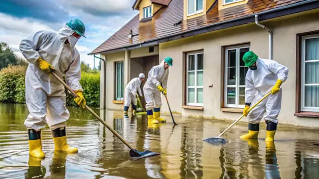 Crew in protective suits and boots cleaning floodwater around a house